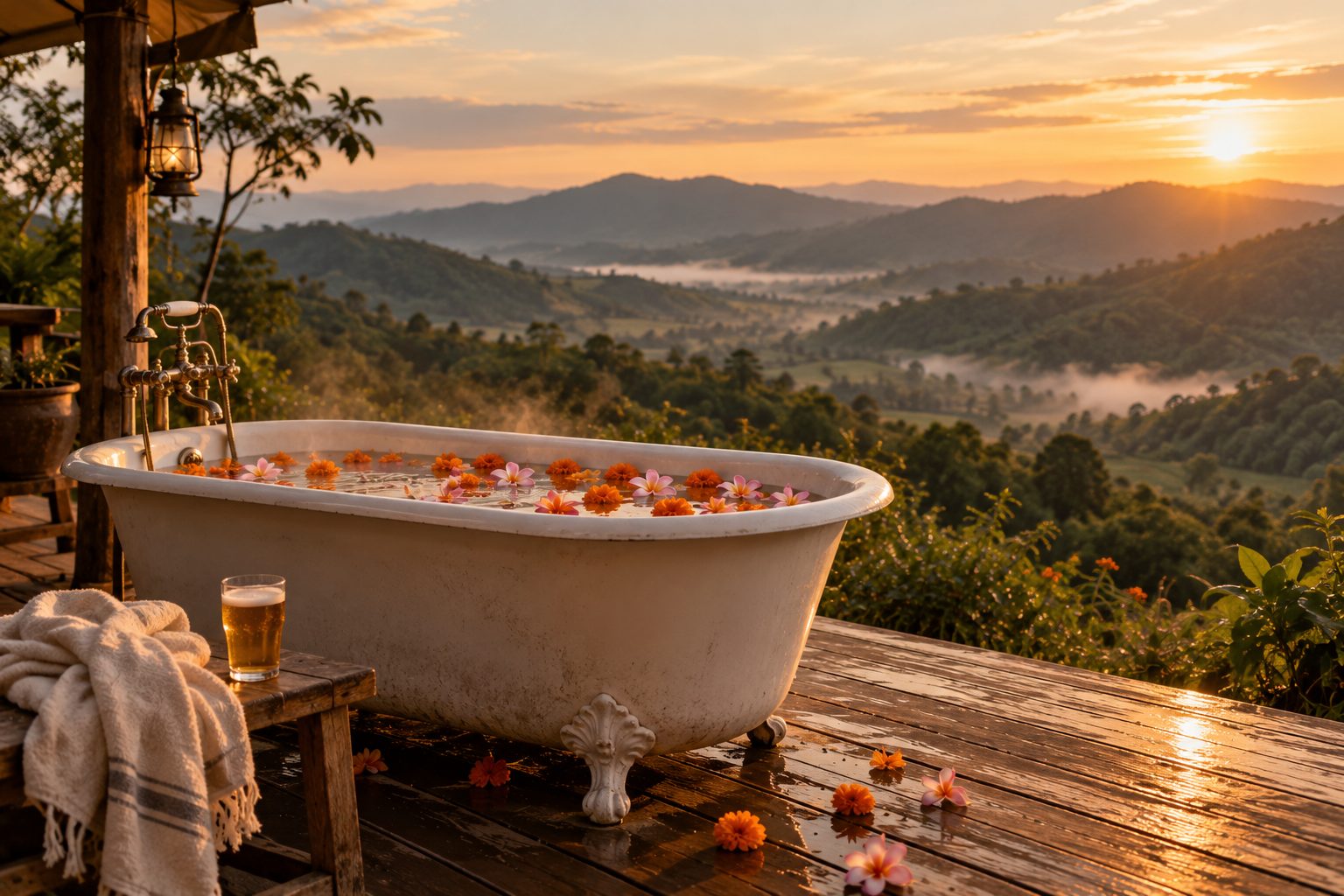 Full tub, flowers on the water, the view